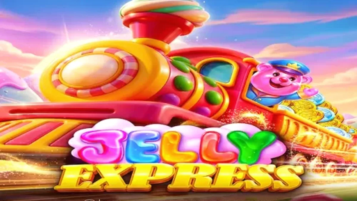 Jelly Express slot game interface featuring candy-themed symbols and train tracks.