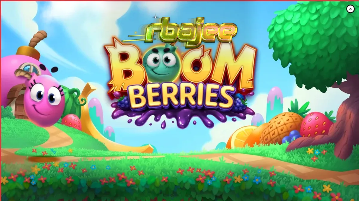Boomberries slot game interface featuring fairytale village and fruit symbols